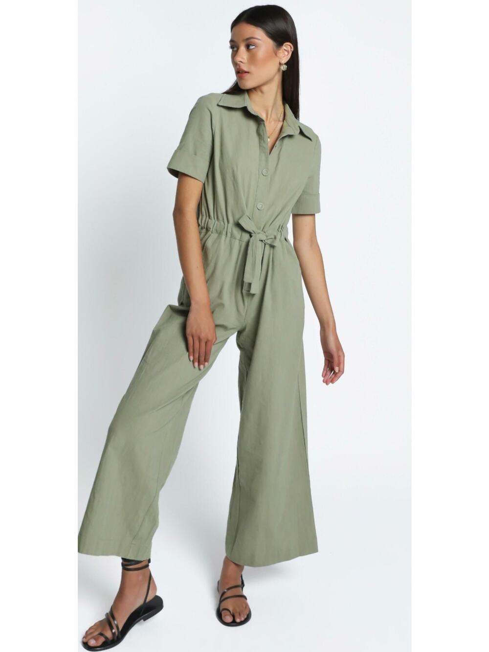 NWT Showpo Marinie Khaki Green Utility Cargo Belted Wide Leg Jumpsuit Size 6